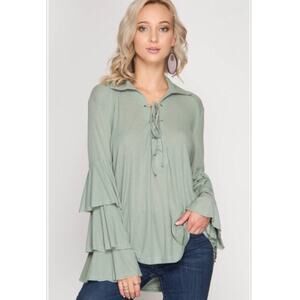 Large - Triple Ruffled Sleeve Collared Top With Lace-Up Front